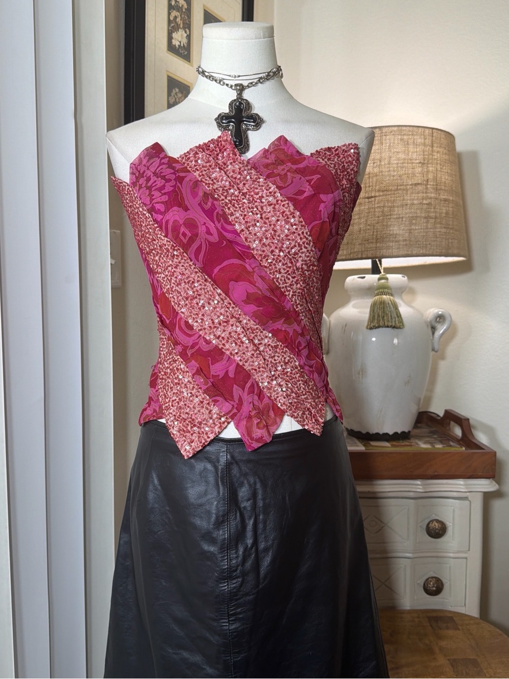 American Vintage Silk Sequin Pink Floral Strapless Corset Crop Top